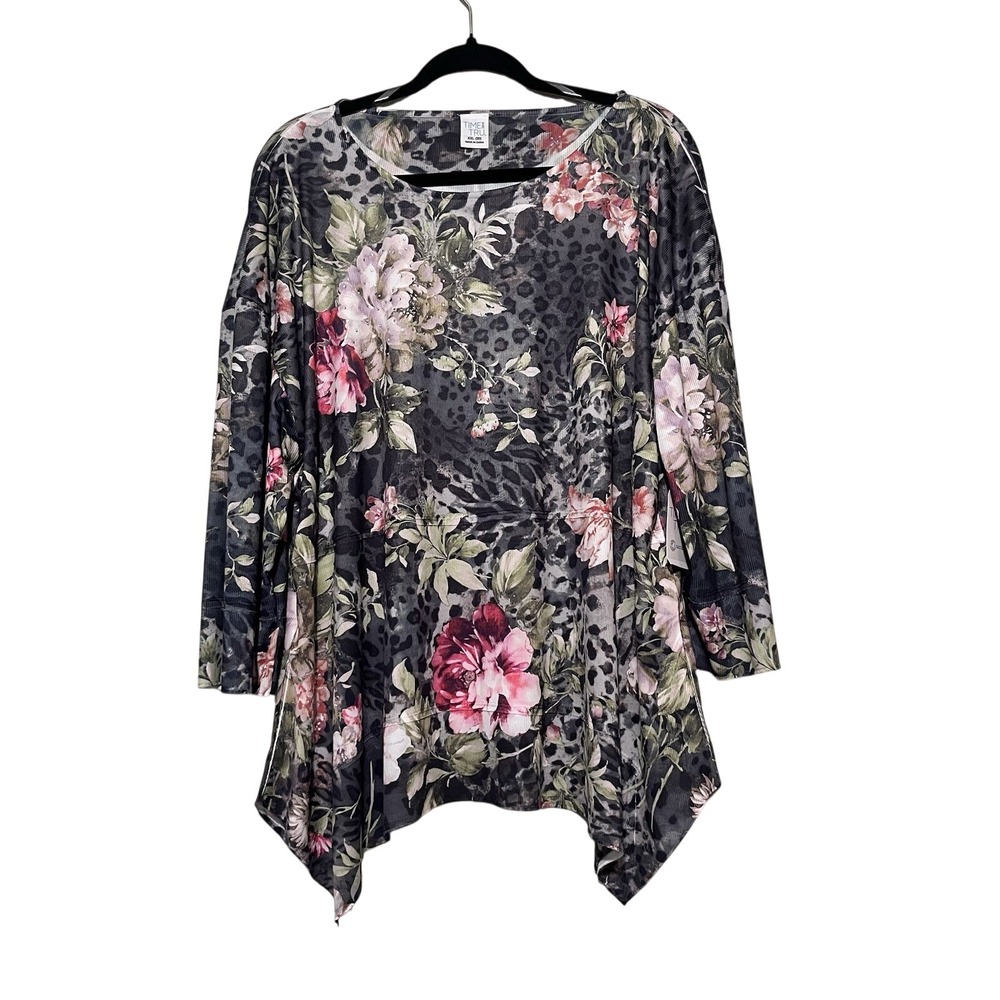 Time and Tru Tunic Top Womens XXL 20 Gray Floral Leopard Sharkbite Ribbed XXL